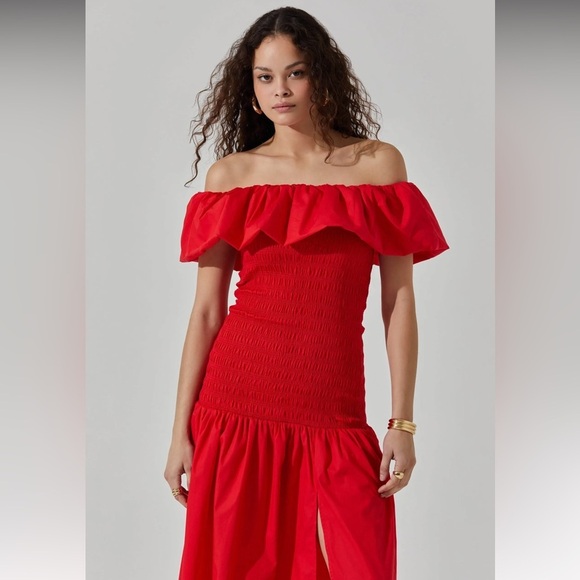 NWT ASTR The Label Off the Shoulder Cotton Red Ruffle Midi Dress Size Sm… - Picture 5 of 16